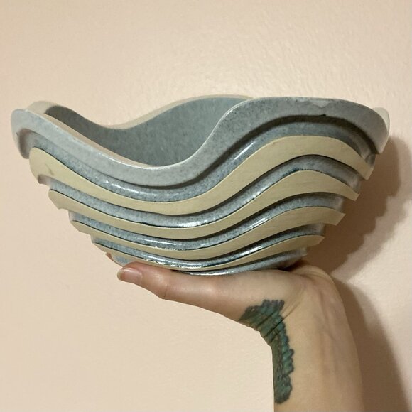 Japanese Studio Pottery Bowl Artist Signed Wavy Ridges 3D Stripes Modern Art - Picture 1 of 13